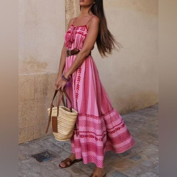 Bohemian Pink and Red Printed Maxi Dress - Picture 9 of 15